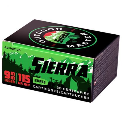 Sierra Outdoor Master 9mm Luger Ammunition 20 Rounds 115 Grain Sports Master JHP Bullet 1135 fps
